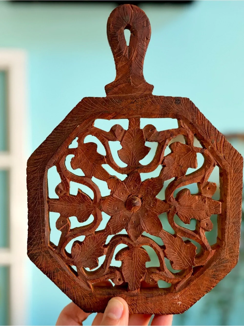 Vintage Rustic Hand-Carved Wooden Trivet with Floral Cutout